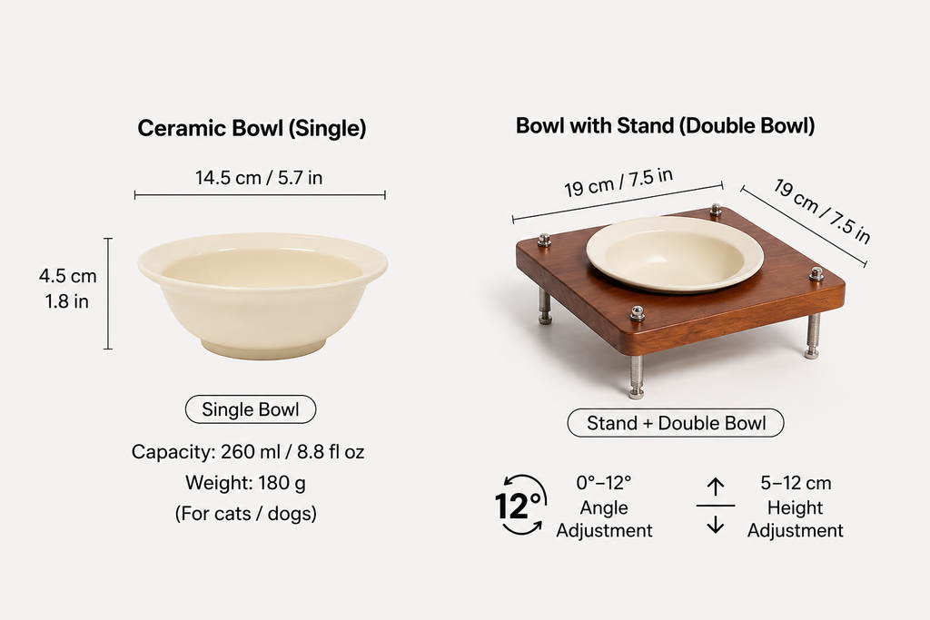 Adjustable Elevated Cat Bowl with Ceramic Dish – Wooden Raised Pet Feeder for Cats & Small Dogs | Adjustable Height & Angle