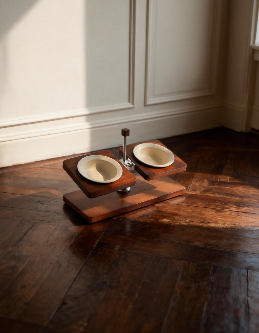 Adjustable Elevated Ceramic Pet Bowl Stand | Solid Wood Raised Dog & Cat Feeder | Modern Double Bowl Feeding Station