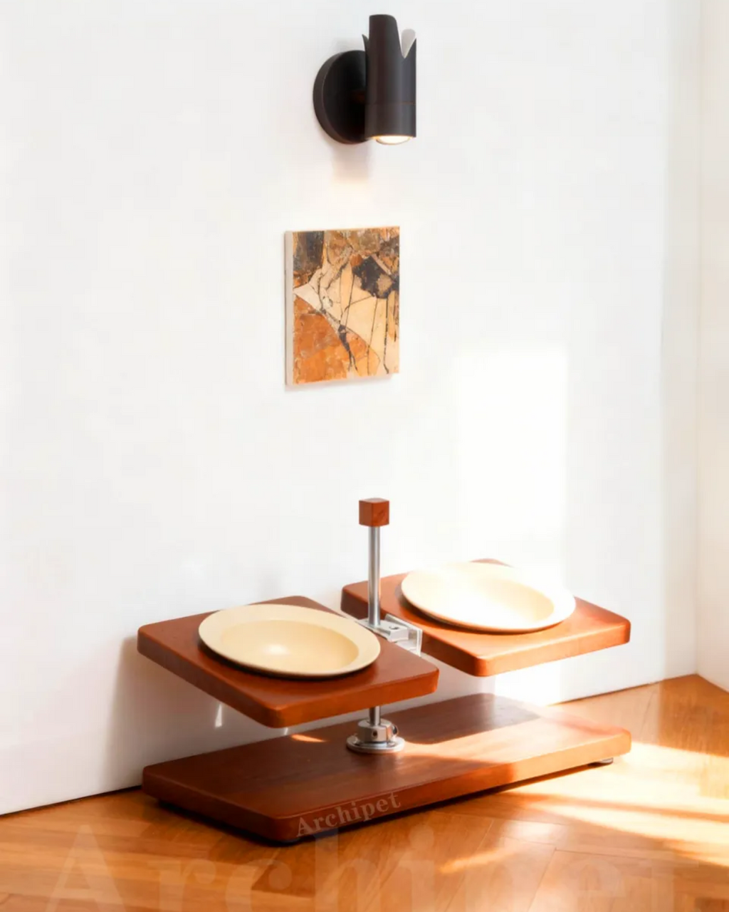 Adjustable Elevated Ceramic Pet Bowl Stand | Solid Wood Raised Dog & Cat Feeder | Modern Double Bowl Feeding Station