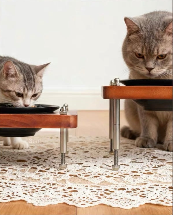 Adjustable Elevated Cat Bowl with Ceramic Dish – Wooden Raised Pet Feeder for Cats & Small Dogs | Adjustable Height & Angle