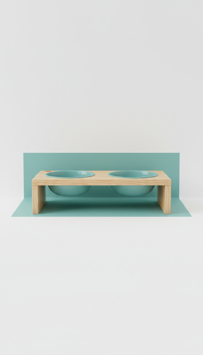 Cat feeding station with natural wood and minted teal bowls